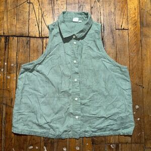 Gap Tank Top Women's Medium Green Solid Linen Sleeveless Collared Button Front